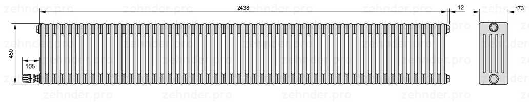 Схема (чертеж) Радиатор Zehnder Charleston 5045/53 №V004 Белый глянцевый RAL 9016